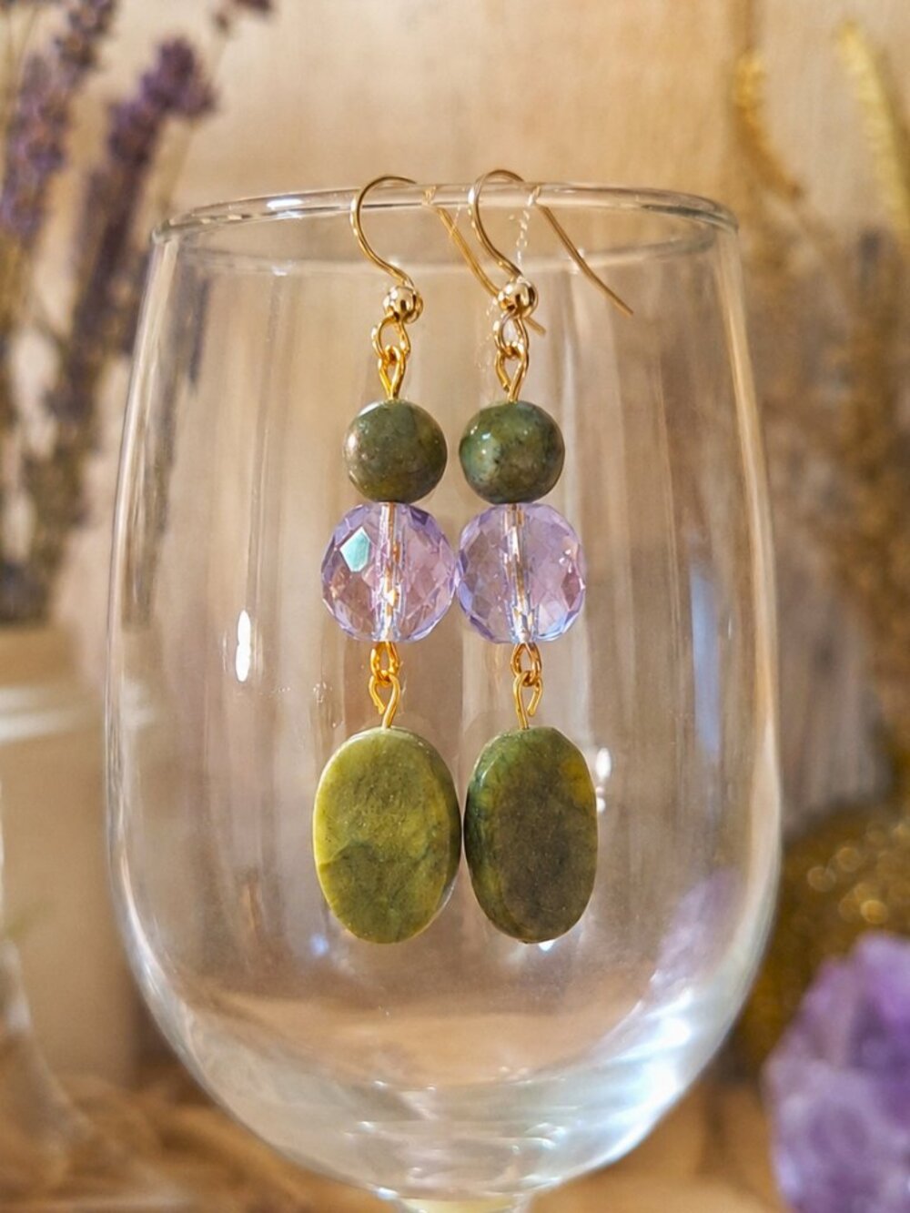 Woodland Serpentine & Lilac Glass Drop Earrings, 24k Gold Plated Stainless Hooks